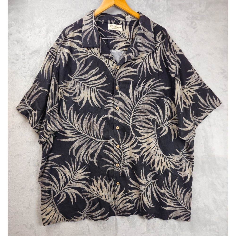 Caribbean Silk Blend Shirt Men 3XL Black Gray Leaves Floral Hawaiian Loop Collar